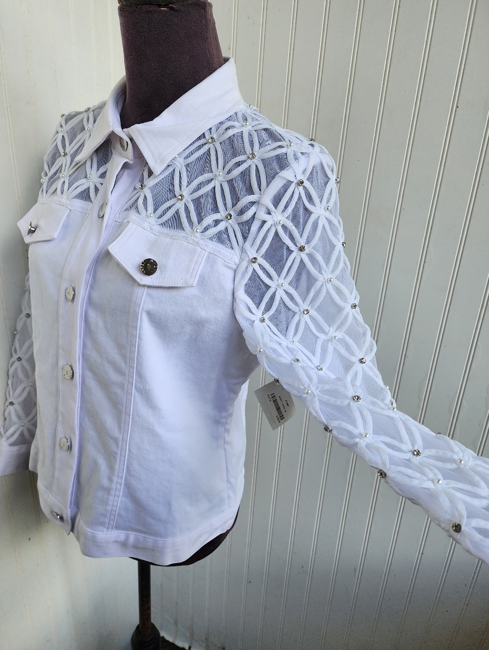 NWT AZI "Renee" White Denim JacketLace Sheer Sleeves Stretch Sz M - Picture 6 of 16